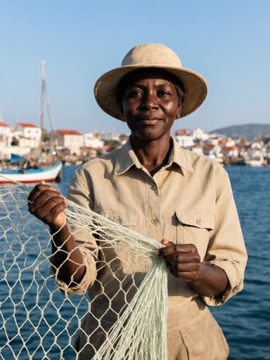 편안한 표정을 지닌 30대 아프리카계 여성이 어업에 적합한 작업복과 모자를 착용하고, 해안가의 바다와 어촌 배경 속에서 어망을 스트레칭하는 모습의 반신 사진입니다.