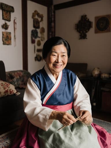 70대 혼혈 여성이 전통 한복을 입고 따뜻한 거실 바닥에 앉아 전통 공예 도구를 다루며 행복한 미소를 짓고 있는 반신 사진. 벽에는 전통 공예 작품들이 걸려 있어 문화적 정취를 더하고 있습니다.
