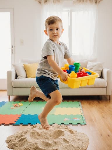 이 이미지는 밝은 거실에서 편안한 반팔 티셔츠와 반바지를 입고 있는 7세 유럽계 남성이 모래 놀이 세트를 가지고 점프하는 모습을 담고 있습니다. 그는 지루한 표정을 짓고 있으며, 다채로운 장식으로 가득 찬 넓은 공간에 서 있습니다.