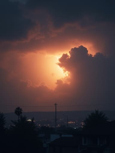 가운데 위치한 무드등, 부드러운 빛과 따뜻한 빛 확산, 표면의 미세한 결함, 번개가 치는 밤하늘과 어두운 폭풍우 구름을 배경으로 한 분위기 있고 극적인 느낌.