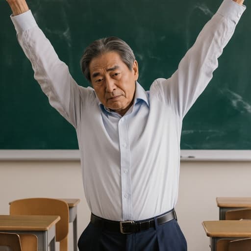 50대 한국인 남성이 자연스러운 외모를 지닌 반신 사진으로, 캐주얼한 셔츠와 슬랙스를 착용하고 있습니다. 그는 팔을 위로 스트레칭하며 피곤한 기색과 절망적인 표정을 짓고 있으며, 학생 평가를 준비하는 강의실의 모습입니다. 배경에는 책상과 칠판이 있어 학문적인 분위기와 교육의 압박감을 강조하고 있습니다.