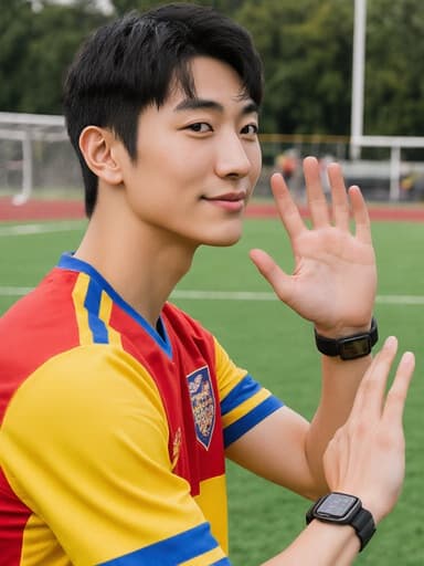 이 이미지는 10대 후반의 자신감 넘치는 동양인 남성이 트렌디한 스포츠 팀 유니폼, 스타일리시한 운동화, 스포츠 시계를 착용하고 왼손을 들어 인사하는 모습입니다. 축구 골대와 트랙이 보이는 밝은 운동장의 배경이 이 장면의 활기찬 분위기를 강조합니다.