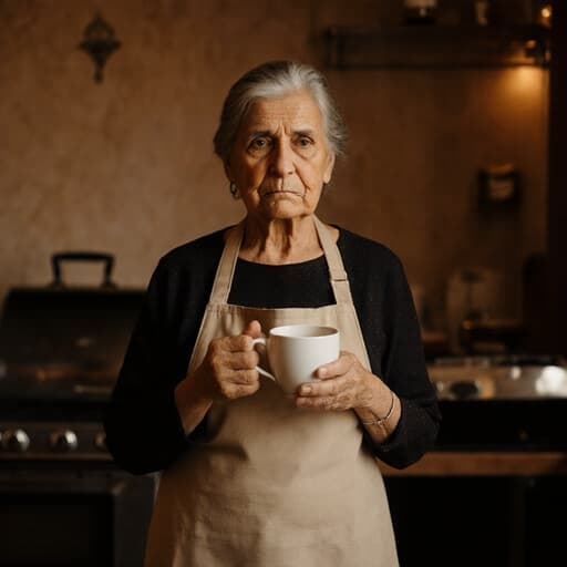 60대 중동계 여성이 전통적인 주방용 앞치마를 착용하고 커피 컵을 들고 있는 반신 촬영입니다. 그녀는 부드러운 표정을 지으며 커피를 마시면서 깊은 생각에 잠겨 살짝 찡그린 모습입니다. 따뜻하고 아늑한 주방 배경과 그릴이 있는 공간이 초대하는 분위기를 만들어내며, 고요한 순간을 포착합니다.