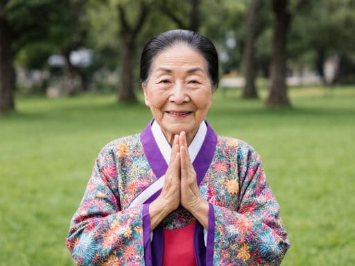 화려한 전통 한복을 입은 80대 한국인 여성의 반신 촬영, 따뜻한 미소로 가슴 앞에 두 손을 모아 인사하는 자세를 취하며, 푸른 잔디와 나무가 있는 평화로운 공원 배경 속에서 촬영된 이미지입니다.