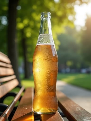 도시 공원 벤치 위에 앉아 있는 투명한 플라스틱 탄산음료 병, 표면에 응축, 나무 벤치, 나무 사이로 비치는 자연광, 부드러운 그림자, 배경에 녹색 잎사귀, 맑고 편안하며 차분한