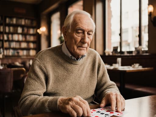 80대 유럽계 남성이 반신 상으로 촬영되어 있으며, 편안한 니트 스웨터와 면바지를 입고 있습니다. 평온한 표정을 지으며 카드 게임에 집중하고 있으며, 그의 손은 테이블 위의 카드에 얹혀 있습니다. 따뜻한 분위기의 카페 내부는 책장과 햇빛이 비추는 창가로 장식되어 있어 이 매력적인 순간을 더욱 돋보이게 합니다.