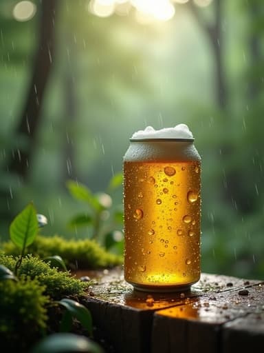 나무 표면 위에 방울방울 빛나는 물방울이 있는 캔맥주, 이끼와 잎들로 둘러싸인, 부드러운 비가 내리는 고요한 푸른 숲 속에서, 나무 사이로 자연광이 필터링되고 있습니다.