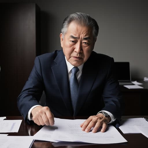 60대 한국인 남성이 정장과 넥타이를 착용한 채 법률 문서를 쥐고 테이블을 강하게 치며 분노한 표정을 짓고 있는 사무실 장면. 회의 테이블 위에 여러 개의 서류와 노트북이 흩어져 있어 긴장감 넘치는 고비를 포착하고 있다.
