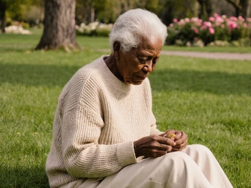 80대 흑인 여성의 반신 촬영으로, 자연스러운 외모를 가진 그녀가 평화로운 공원에서 편안하게 잔디에 앉아 있습니다. 그녀는 아늑한 니트 스웨터와 면 바지를 입고 있으며, 손으로 무언가를 만지작거리며 약간 지루한 표정을 짓고 있습니다. 배경에는 푸른 잔디, 나무, 그리고 다채로운 꽃들이 펼쳐져 있어 장면의 평화로운 분위기를 더욱 부각시킵니다.