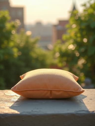 선케어 쿠션, 다양한 식물이 있는 옥상 정원, 고요하고 상쾌한 분위기.