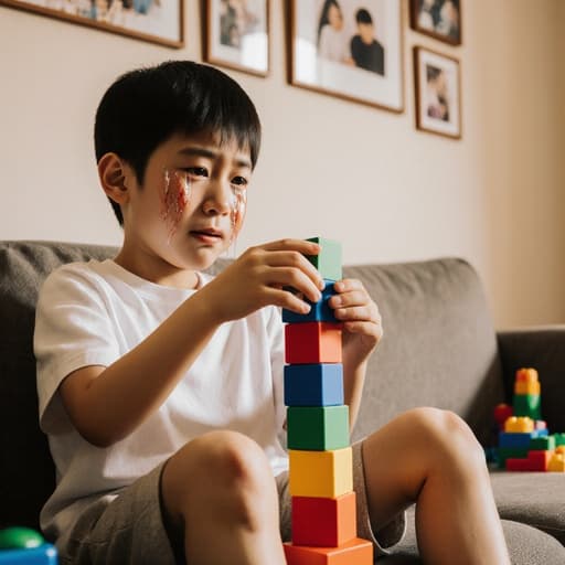 7세 동양인 남성이 자연스러운 외모로 편안한 티셔츠와 반바지를 입고 소파에 앉아 슬픈 표정을 지으며 눈물을 흘리며 블록을 쌓으려다 실패한 모습의 반신 촬영. 따뜻한 느낌의 거실 배경에는 벽에 가족 사진이 걸려 있고 소파 옆에는 다양한 장난감들이 놓여 있어 감정적인 분위기를 자아냅니다.