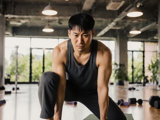 30대 아시아계 남성이 불만스러운 표정을 짓고 있는 모습이 담긴 반신 촬영이 진행됩니다. 그는 편안한 요가복을 착용하고 요가 매트 위에서 요가 자세를 취하고 있습니다. 밝은 조명과 식물로 가득한 현대적인 요가 센터의 내부가 차분한 배경을 제공하지만, 그의 불만스러운 표정은 고요한 환경에 독특한 반전을 더합니다.