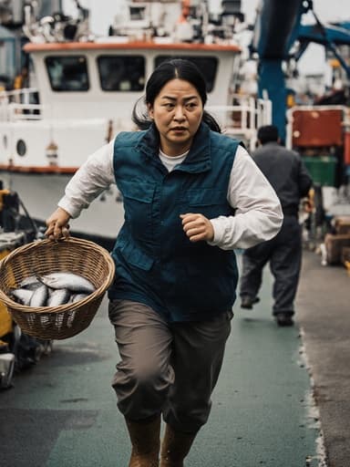 30대 한국인 여성이 바다 위 어선 갑판에서 물고기를 담은 바구니를 들고 달리며 긴급함을 표현하는 모습의 전신 사진. 작업용 방수 조끼와 바지를 착용하고, 수산물 운송 현장의 분주한 분위기 속에서 결단력 있는 표정을 짓고 있습니다.