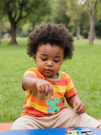 귀여운 외모를 가진 1세의 아프리카계 여성 어린이가 밝은 색의 티셔츠와 편안한 바지를 입고 공원의 잔디 위에 앉아 있습니다. 그녀는 퍼즐 조각을 손에 들고 스트레칭하며 호기심 어린 표정을 짓고 있으며, 푸른 잔디와 나무들이 주변에 있습니다.