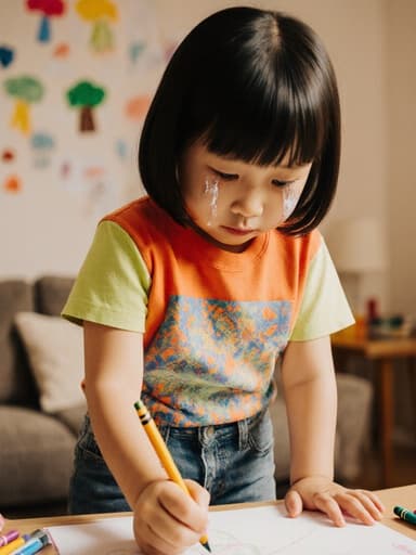 7세의 동양인 여성 어린이가 귀여운 외모로 밝은 색상의 티셔츠와 청바지를 입고 아늑한 거실에 서 있습니다. 그녀는 손에 크레용을 쥐고 슬픈 표정으로 눈물을 흘리며 자신의 그림으로 가득한 벽 앞에 서 있어 감정이 깊은 분위기를 자아냅니다.