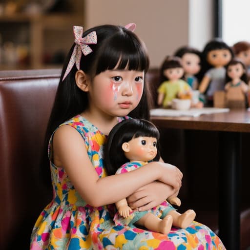 7세 아시아계 소녀의 반신 상반신 사진. 화려한 드레스를 입고 머리에 리본을 단 그녀가 아늑한 카페에서 크로스 레그로 앉아 있다. 슬픈 표정을 지으며 눈물 한 방울이 뺨을 타고 흐르고, 두 손으로 인형을 꼭 쥐고 있다. 부드러운 조명과 테이블 위에 놓인 다양한 인형들이 따뜻하고 감정적인 분위기를 만들어낸다.