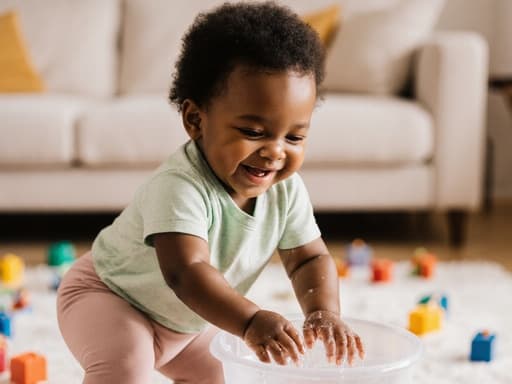 즐거운 표정을 짓고 있는 1세의 흑인 여성 아기 모습의 반신 촬영으로, 밝고 편안한 티셔츠와 레깅스를 입고 있습니다. 그녀는 작은 물그릇에 손을 담그며 씻는 동작을 하며 활짝 웃고 있습니다. 배경은 장난감들이 흩어져 있는 아늑한 거실로, 그녀의 놀이와 상호작용을 잘 드러내는 따뜻하고 초대하는 분위기를 자아냅니다.