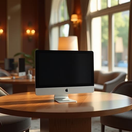 고급스러운 호텔 로비의 정제된 나무 테이블 위에 세련된 모니터, 큰 창을 통해 흐르는 자연광, 배경의 안락한 좌석, 표면에 부드러운 그림자와 반사, 고급스럽고 매력적인 분위기.