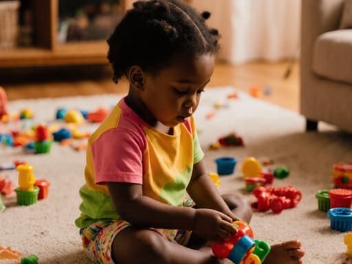 아늑한 거실 바닥에 앉아 다양한 장난감이 흩어져 있는 3세 아프리카계 여성 어린이의 반신 샷입니다. 그녀는 화려한 색상의 티셔츠와 편안한 반바지를 입고 있으며, 배고픈 표정을 지으며 장난감에 집중하고 있습니다. 가끔 입맛을 다시는 모습이 보입니다. 따뜻한 조명이 방의 아늑한 분위기를 강조하여 어린이의 호기심을 잘 담아낸 장난스럽고 매력적인 장면을 만들어냅니다.