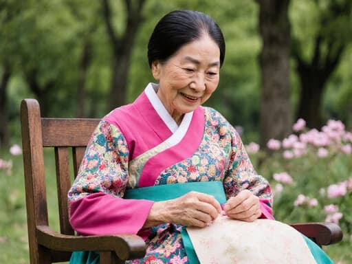 전통 한복을 입은 80세 아시아계 여성이 나무 의자에 앉아 평화로운 공원에서 바느질을 하며 따뜻한 미소와 상냥한 눈빛을 띄고 있는 반신 사진, 푸르른 나무와 꽃들로 둘러싸인 모습.
