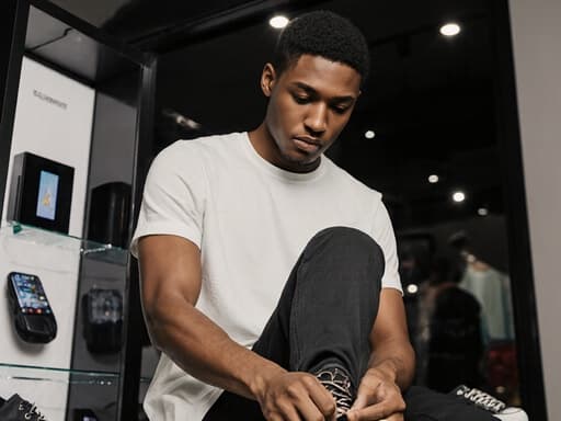 10대 후반의 흑인 남성이 캐주얼한 티셔츠와 운동화를 입고 자신감 넘치는 모습으로 한쪽 발을 들어 올려 신발 끈을 조이고 있는 반신 사진입니다. 현대적인 전자제품이 진열된 전자매장 내부를 배경으로 하여 역동적이고 세련된 분위기를 담고 있습니다.