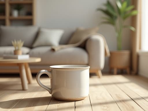 머그컵, 미니멀 장식의 북유럽 스타일 거실, 아늑하고 초대하는
