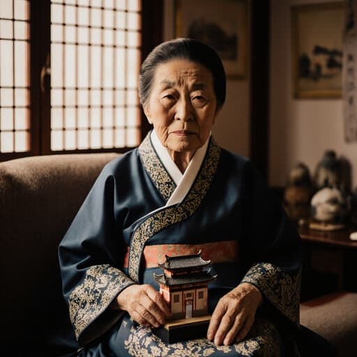 80대의 동양인 여성의 반신 촬영으로, 자연스러운 아름다움을 보여줍니다. 그녀는 전통 한복을 입고 있으며, 우아함과 문화유산을 상징합니다. 걱정스러운 표정을 지으며 한 손으로 전통 건축 모형을 살짝 잡고 자연스럽고 사색적인 자세로 서 있습니다. 배경은 전통 소품으로 꾸며진 아늑한 거실로, 따뜻한 조명이 감도는 매력적인 분위기를 자아냅니다.