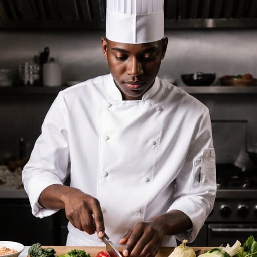 10대 후반의 흑인 남성이 흰색 셔츠와 조리모를 착용하고 요리에 집중하고 있는 모습이 담긴 반신 샷입니다. 그는 조리 도구를 쥐고 다양한 재료가 놓인 활기찬 주방에서 요리의 예술을 선보이고 있습니다.