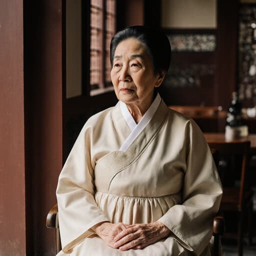 80대 아시아계 여성의 반신 사진으로, 자연스러운 외모를 보여줍니다. 그녀는 전통적인 한복을 입고 의자에 앉아 무릎 위에 손을 편안하게 두고 있습니다. 슬픈 표정을 짓고 깊은 생각에 잠겨 있어 감정이 더해집니다. 배경은 전통 건축 양식의 카페 내부로, 고풍스러운 느낌이 돋보이며 그녀의 복장과 잘 어우러집니다. 전체적인 분위기는 사색적이고 고요하며 전통의 아름다움과 성찰을 강조합니다.
