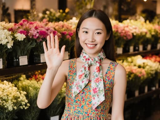 10대 초반의 백인 여성이 화사한 원피스와 꽃무늬 스카프를 입고 아름다운 꽃들로 가득한 플로리스트 가게에서 밝게 웃으며 손을 흔드는 모습의 반신 촬영 이미지입니다.