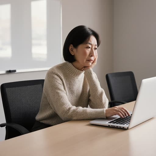 60대 한국인 여성이 회의 탁자에 앉아 편안한 니트와 슬랙스를 입고 있습니다. 실망한 표정으로 손을 탁자에 얹고 노트북 화면을 생각에 잠긴 듯 바라보고 있습니다. 깔끔한 회의실 배경과 화이트보드가 전문적인 분위기를 더합니다.