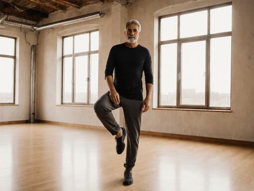 40대 라틴계 남성이 편안한 요가복과 세련된 신발을 착용하고 한쪽 발을 들어올려 신발 끈을 묶고 있는 모습을 담은 반신 사진입니다. 넓고 아늑한 요가 센터에서 자연광이 큰 창문을 통해 들어오며 평온한 분위기를 만들어냅니다.