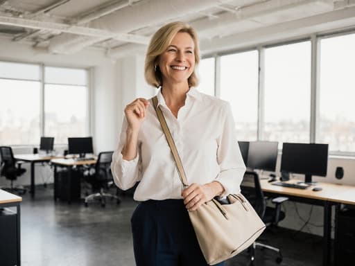 이미지에는 40대 유럽계 여성이 편안한 블라우스와 슬랙스를 입고, 캐주얼한 핸드백을 들고 있는 모습이 담겨 있습니다. 그녀는 현대적인 공유 오피스에서 친근하게 미소를 지으며 핸드백의 스트랩을 잡고 서 있으며, 여러 개의 책상과 컴퓨터가 자연광에 비추어져 있는 매력적이고 전문적인 분위기를 자아냅니다.