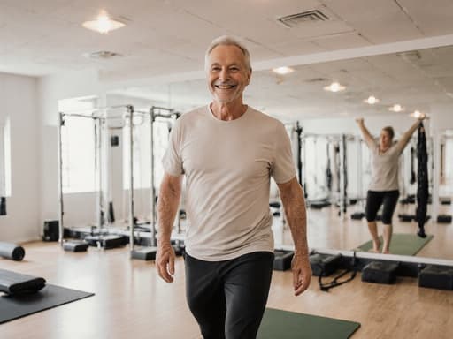 건강하고 활기찬 60대 유럽계 남성이 밝은 필라테스 복장을 입고 요가 자세를 취하며 균형을 잘 잡고 밝게 웃고 있는 모습이, 차분한 색상과 조화로운 조명이 있는 현대적인 필라테스 스튜디오에서 촬영되었습니다.