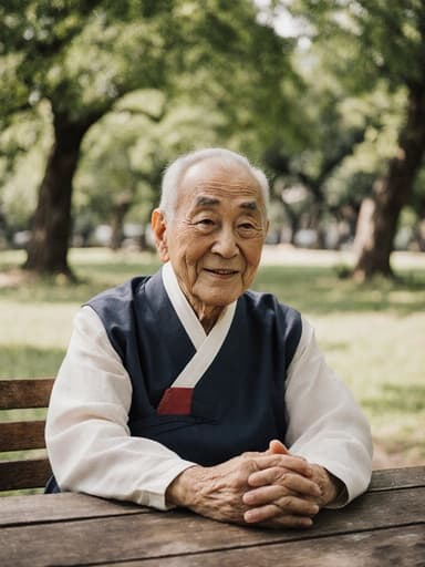 편안한 전통 한복을 입은 80대 혼혈 남성이 나무 그늘 아래의 공원 테이블에 앉아 이야기하고 있는 모습입니다. 피곤한 표정 속에서도 따뜻한 미소가 담겨 있어, 향수를 불러일으키는 차분한 분위기를 만들어냅니다.