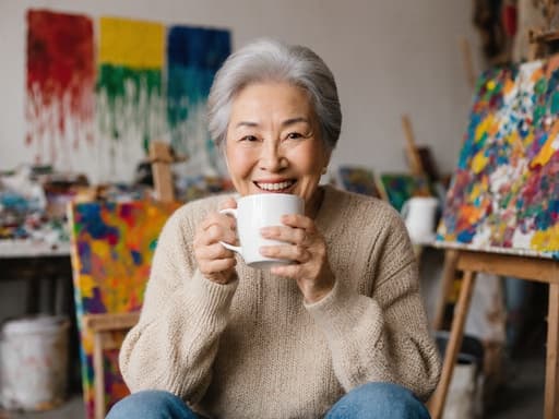 60대 한국인 여성이 자연스럽고 편안한 외모로 행복한 표정을 지으며 커피 컵을 두 손으로 감싸 쥐고 여유롭게 마시는 모습의 반신 촬영입니다. 편안한 니트 스웨터와 세련된 청바지를 입고 있으며, 배경에는 색채 혼합 작업이 이루어지는 아틀리에가 있습니다. 다양한 페인트와 캔버스가 배경에 놓여 있어 창의적인 분위기를 더하고 있습니다. 부드럽고 아늑한 조명이 모델과 주변 환경의 연결을 강조하여 즐거우면서도 평화로운 분위기를 만들어냅니다.