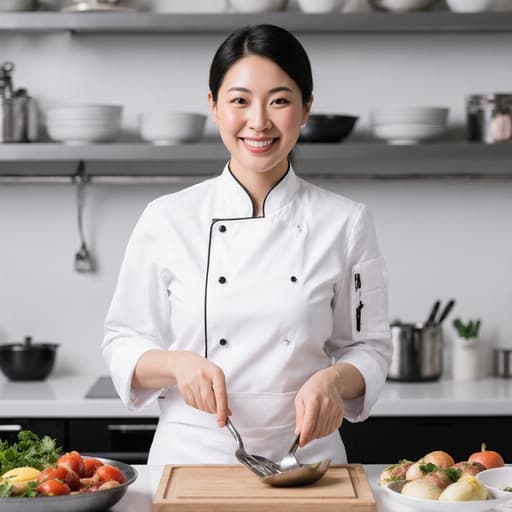 30대 동양인 여성이 흰색 요리사 복장과 앞치마를 입고 조리 도구를 손에 들고 친근한 미소를 지으며 현대적인 주방에서 다양한 재료들이 배치된 모습으로, 요리에 대한 열정을 전달하는 반신 사진입니다.