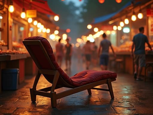 생동감 넘치는 야시장 거리의 라운지 체어, 부드럽고 따뜻한 조명이 부드러운 그림자를 드리우고, 패브릭과 나무의 섬세한 질감이 있으며, 배경에 음식 가판대가 따뜻한 빛을 발하며 사람들이 부드럽게 초점이 맞춰진 모습.