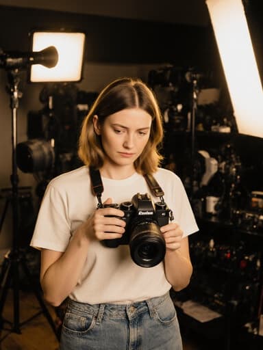 이 이미지는 자연스러운 외모를 가진 30대 백인 여성이 편안한 티셔츠와 청바지를 입고 카메라를 조작하는 모습의 반신 사진입니다. 그녀는 약간 당황한 표정을 지으며 손에 든 카메라를 조정하고 있으며, 주위는 다양한 카메라 장비와 조명으로 가득한 사진 작업실입니다. 활기차고 전문적인 분위기를 만들어냅니다.