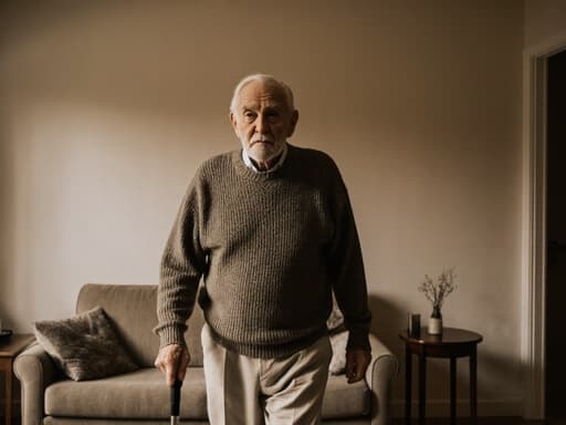 80대 유럽계 남성이 편안한 니트 스웨터와 면바지를 입고 천천히 걷고 있으며, 지팡이를 쥐고 지루한 표정을 짓고 있는 반신 사진입니다. 따뜻한 조명이 비추는 아늑한 거실의 소파와 작은 테이블이 장면의 친밀한 분위기를 더합니다.
