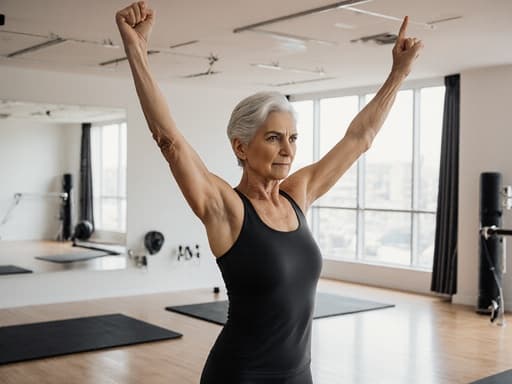 60대 중동계 여성의 반신 사진으로, 편안한 필라테스 복장을 입고 현대적이고 깔끔한 필라테스 스튜디오에서 스트레칭을 하며 강한 의지를 표현하고 있습니다. 그녀의 표정은 힘과 회복력을 나타내어 영감을 주는 분위기를 만들어냅니다.