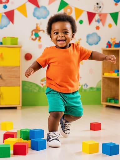 밝은 의상을 입고 색깔이 다양한 블록을 들고 춤추고 있는 귀여운 1살 아프리카계 남자 아기의 전신 샷으로, 다양한 장난감과 장식이 있는 밝고 아기자기한 학습 공간에서 행복과 귀여움을 발산하고 있습니다.