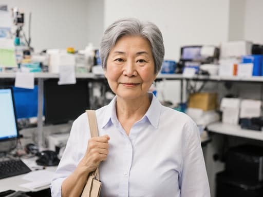 자신감 넘치는 60대 아시아계 여성이 컴퓨터실에서 편안한 캐주얼 의상을 입고 연구 가방을 어깨에 메고 서 있습니다. 긍정적인 표정은 연구에 대한 준비가 되어 있음을 나타내며, 컴퓨터와 정돈된 자료가 배경을 이루어 혁신을 위한 분위기를 자아냅니다.