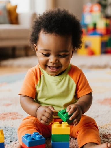 활발한 1세 아프리카계 여성 아기가 밝은 색상의 티셔츠와 편안한 바지를 입고 반신 촬영된 모습입니다. 아기는 두 손으로 레고 블록을 조립하며 즐거운 표정을 짓고 있습니다. 아기 전용으로 설계된 밝고 아늑한 거실이 따뜻한 배경을 제공하여 놀이 시간의 즐거운 분위기를 더하고 있습니다.