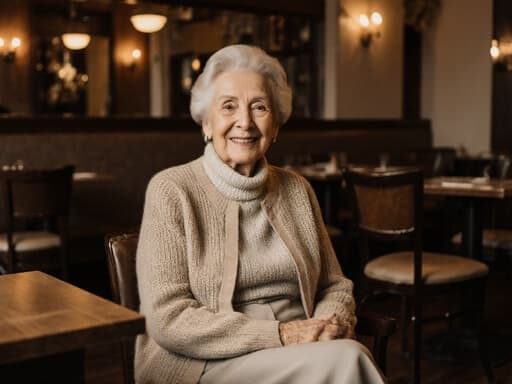 80대 유럽계 여성의 반신 찍은 사진으로, 자연스럽고 온화한 외모를 가지고 있으며 편안한 니트 스웨터와 부드러운 카디건을 착용하고 있습니다. 그녀는 다리를 뻗고 앉아 가족과 행복한 대화를 나누며 평온한 미소를 지어 보입니다. 배경은 따뜻한 조명이 비추는 아늑한 카페의 내부로, 편안함과 연결의 느낌을 강조합니다.