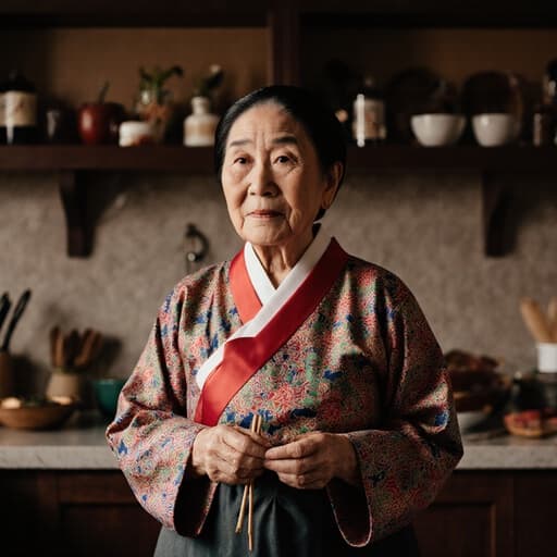 전통 한복을 입고 전통 주방에서 요리 재료를 들고 있는 차분한 표정의 70대 동양인 여성, 요리를 준비할 준비가 되어 있는 따뜻하고 초대하는 느낌의 이미지.