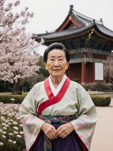 이미지는 80대 아시아계 여성의 자연스러운 아름다움을 담고 있으며, 전통 한복을 입고 꽃이 만발한 공원을 천천히 걸으며 주변의 전통 건축물을 바라보고 있습니다. 평온한 표정을 지으며 삶에 대한 감사함과 여유를 느끼는 모습이 담겨 있습니다.