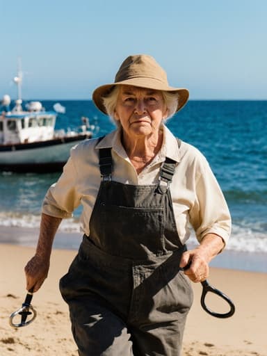 자연스러운 외모를 가진 50대 한국인 여성이 어부 스타일의 작업복과 모자를 착용하고 있는 전신 사진입니다. 그녀는 손에 낚시 도구를 들고 어선을 향해 달려가며 집중하는 표정을 짓고 있습니다. 배경은 푸른 바다와 어선이 보이는 아름다운 해변입니다.