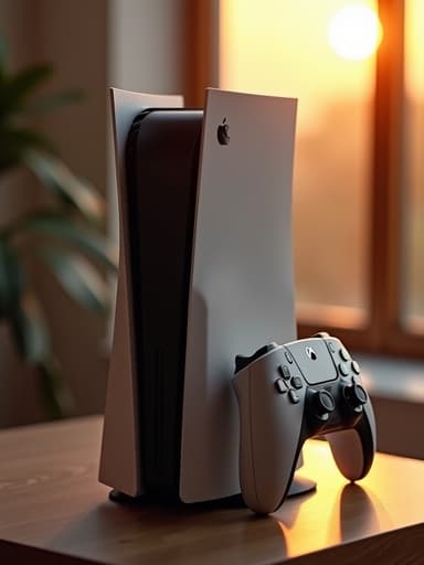 게임 콘솔, 디지털 기기, 황금빛 노을이 비치는 공간, 따뜻하고 초대하는, 평화로운