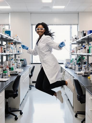 이 이미지는 실험 도구를 들고 점프하며 친근한 표정을 짓고 있는 흑인 10대 후반 여성의 모습으로, 실험실 코트와 안전 안경을 착용하고 있습니다. 다양한 실험 장비가 배치된 현대적인 실험실 배경 속에서 과학 탐구의 열정을 잘 표현하고 있습니다.